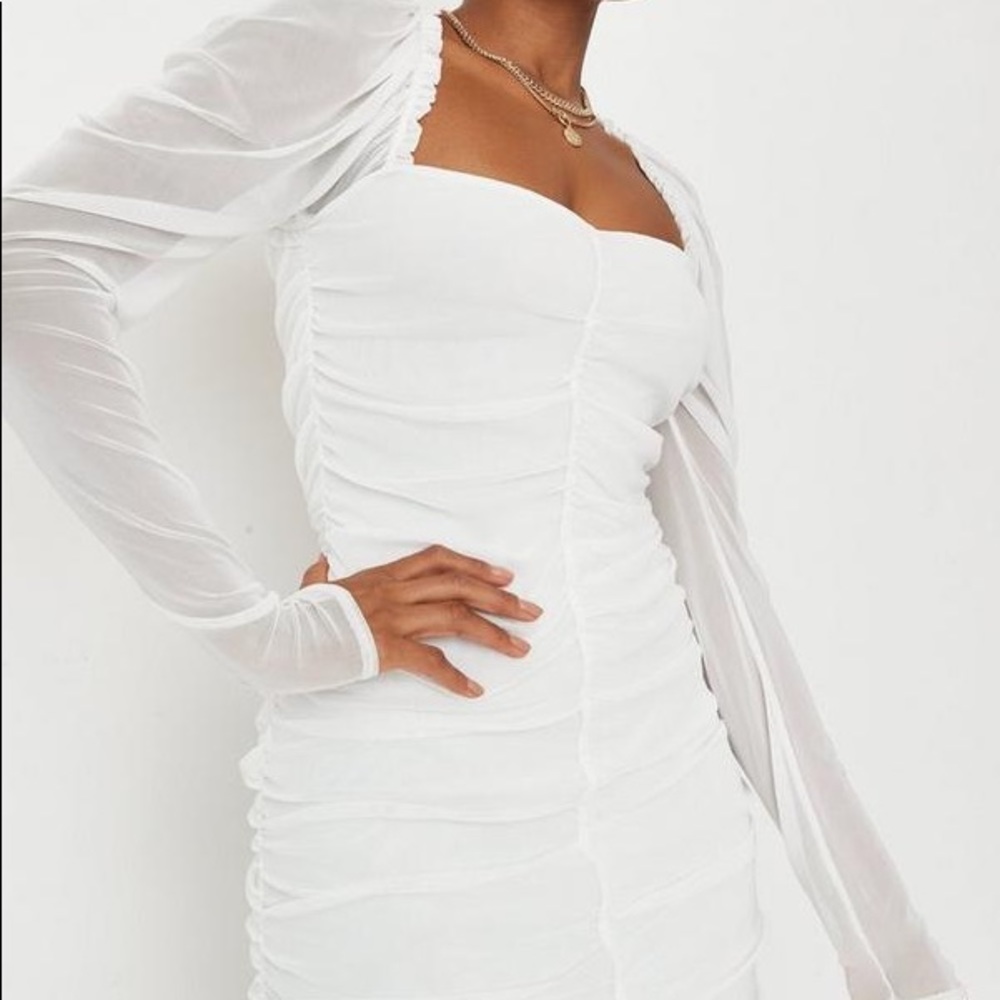 White long sleeve ruched dress